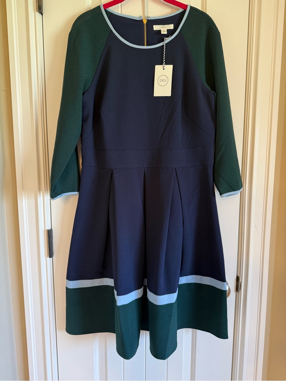 1901 Navy and Forest Green Colorblock Fit & Flare Dress with Light Blue Trim